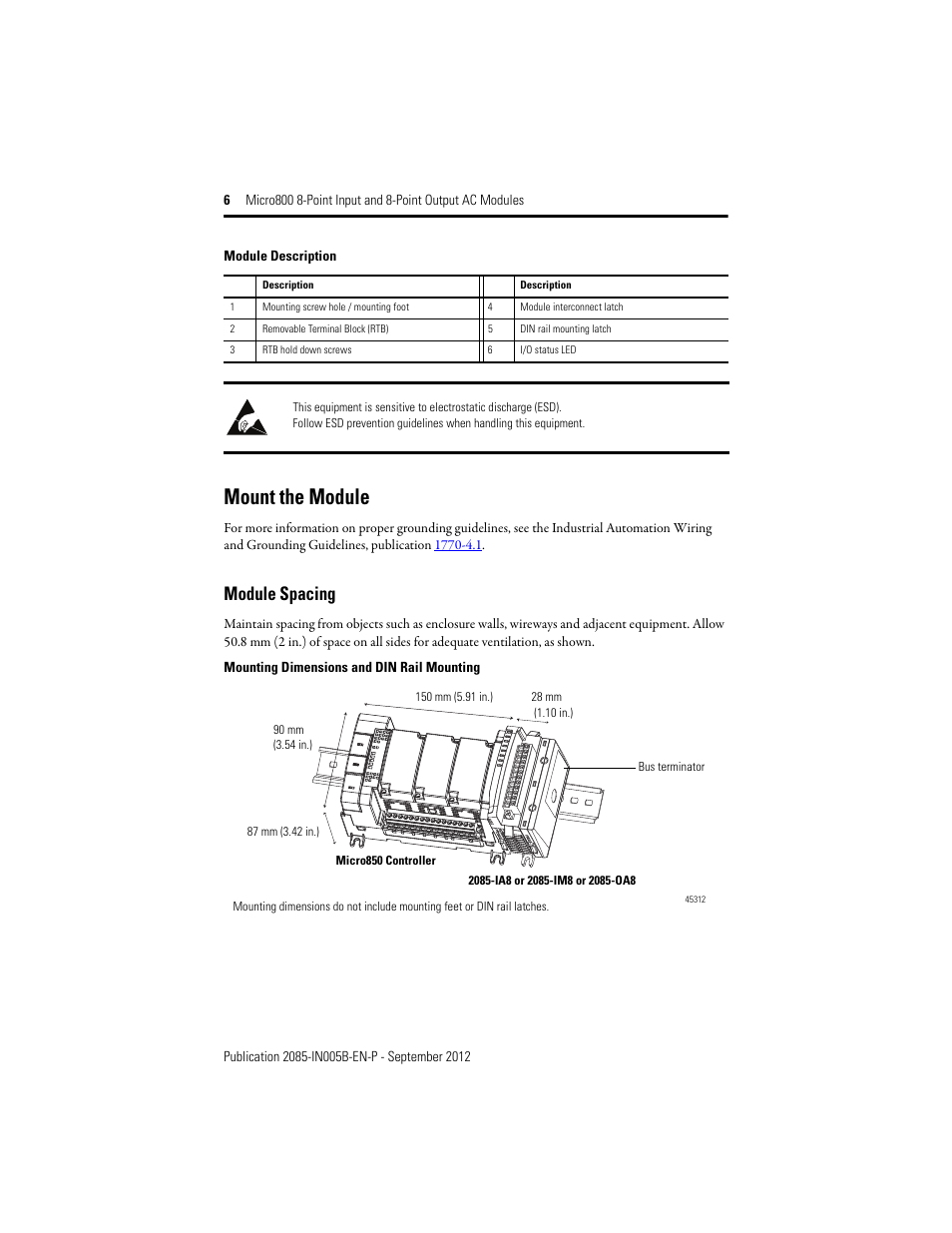 Mount the module, Module description, Module spacing | Rockwell Automation 2085-IA8_IM8_OA8 Micro800 8-Point Input and 8-Point Output AC Modules User Manual | Page 6 / 12