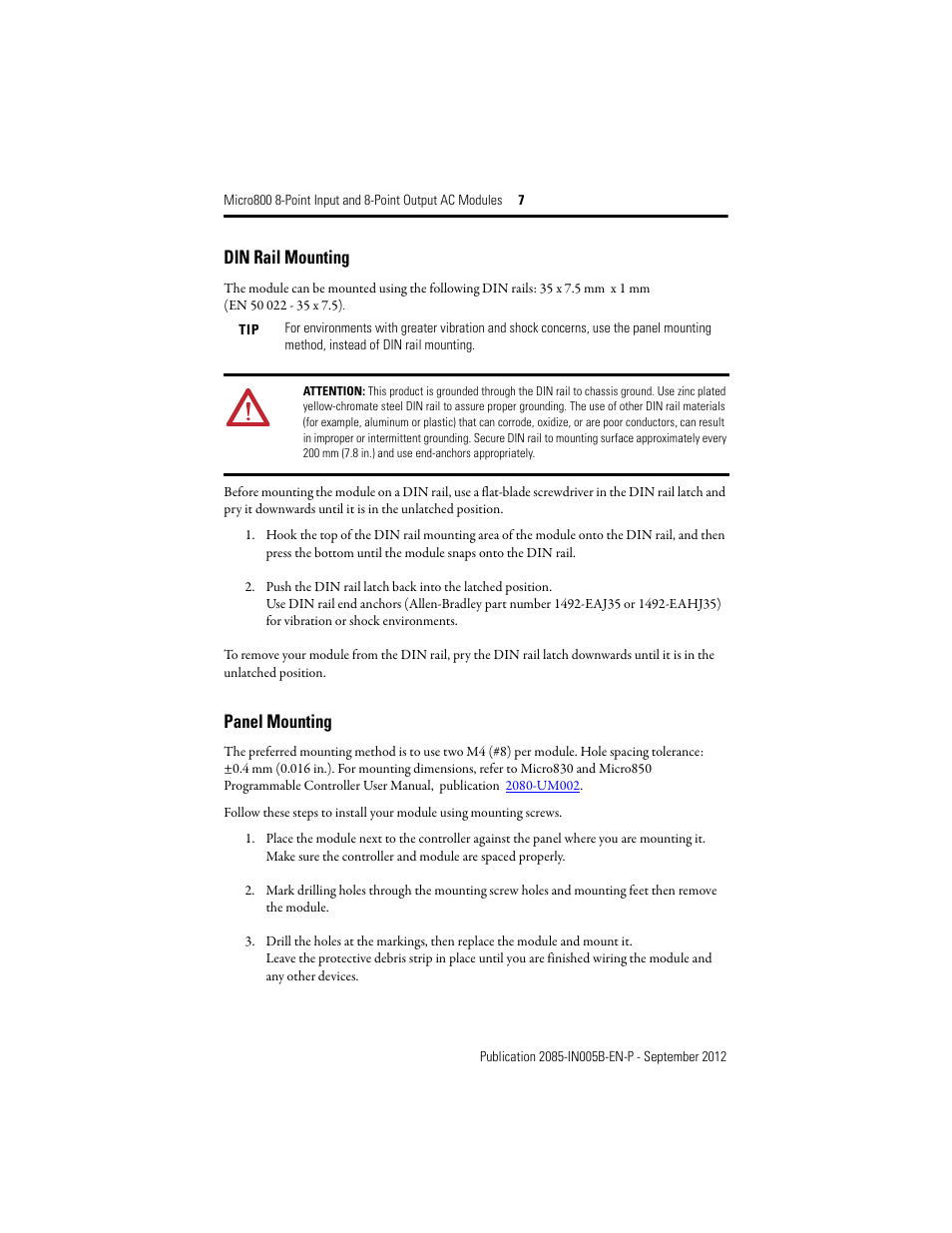 Din rail mounting, Panel mounting | Rockwell Automation 2085-IA8_IM8_OA8 Micro800 8-Point Input and 8-Point Output AC Modules User Manual | Page 7 / 12