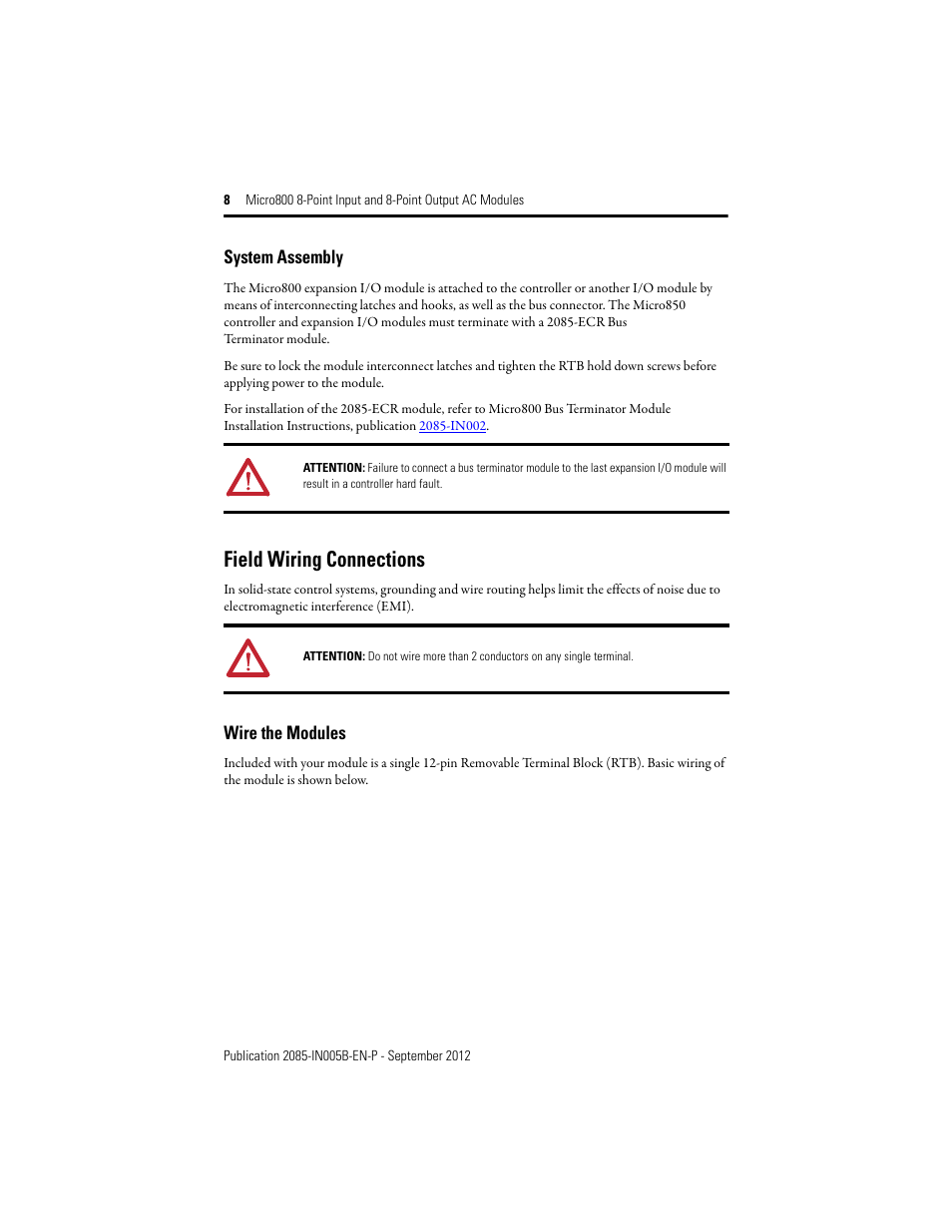 Field wiring connections, Wire the modules | Rockwell Automation 2085-IA8_IM8_OA8 Micro800 8-Point Input and 8-Point Output AC Modules User Manual | Page 8 / 12