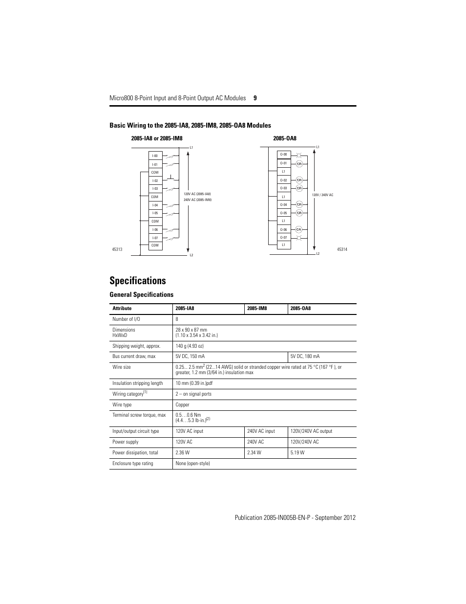 Specifications, General specifications | Rockwell Automation 2085-IA8_IM8_OA8 Micro800 8-Point Input and 8-Point Output AC Modules User Manual | Page 9 / 12