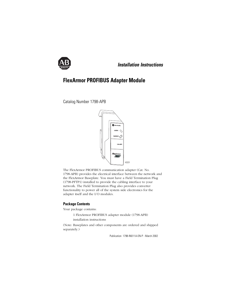 Rockwell Automation 1798-APB FlexArmor PROFIBUS Adapter Module User Manual | 8 pages