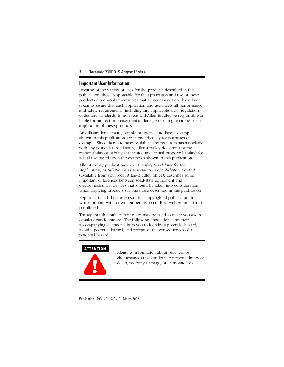 Important user information | Rockwell Automation 1798-APB FlexArmor PROFIBUS Adapter Module User Manual | Page 2 / 8