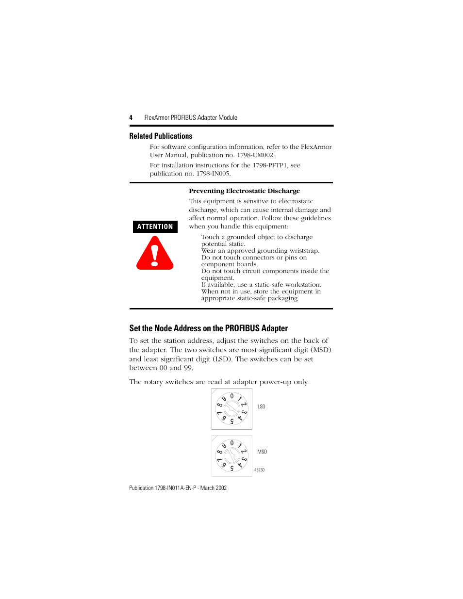 Related publications, Set the node address on the profibus adapter | Rockwell Automation 1798-APB FlexArmor PROFIBUS Adapter Module User Manual | Page 4 / 8