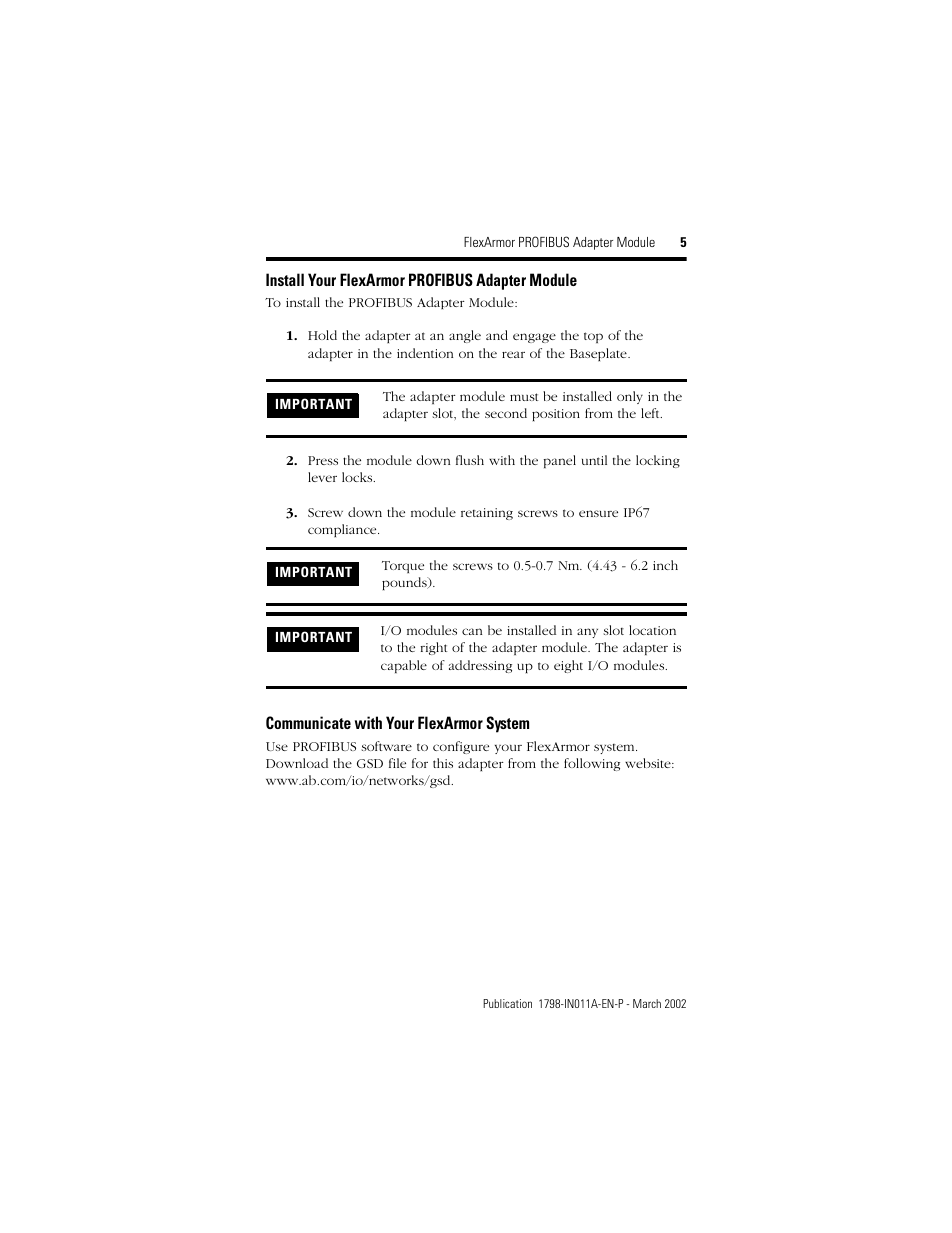 Install your flexarmor profibus adapter module, Communicate with your flexarmor system | Rockwell Automation 1798-APB FlexArmor PROFIBUS Adapter Module User Manual | Page 5 / 8