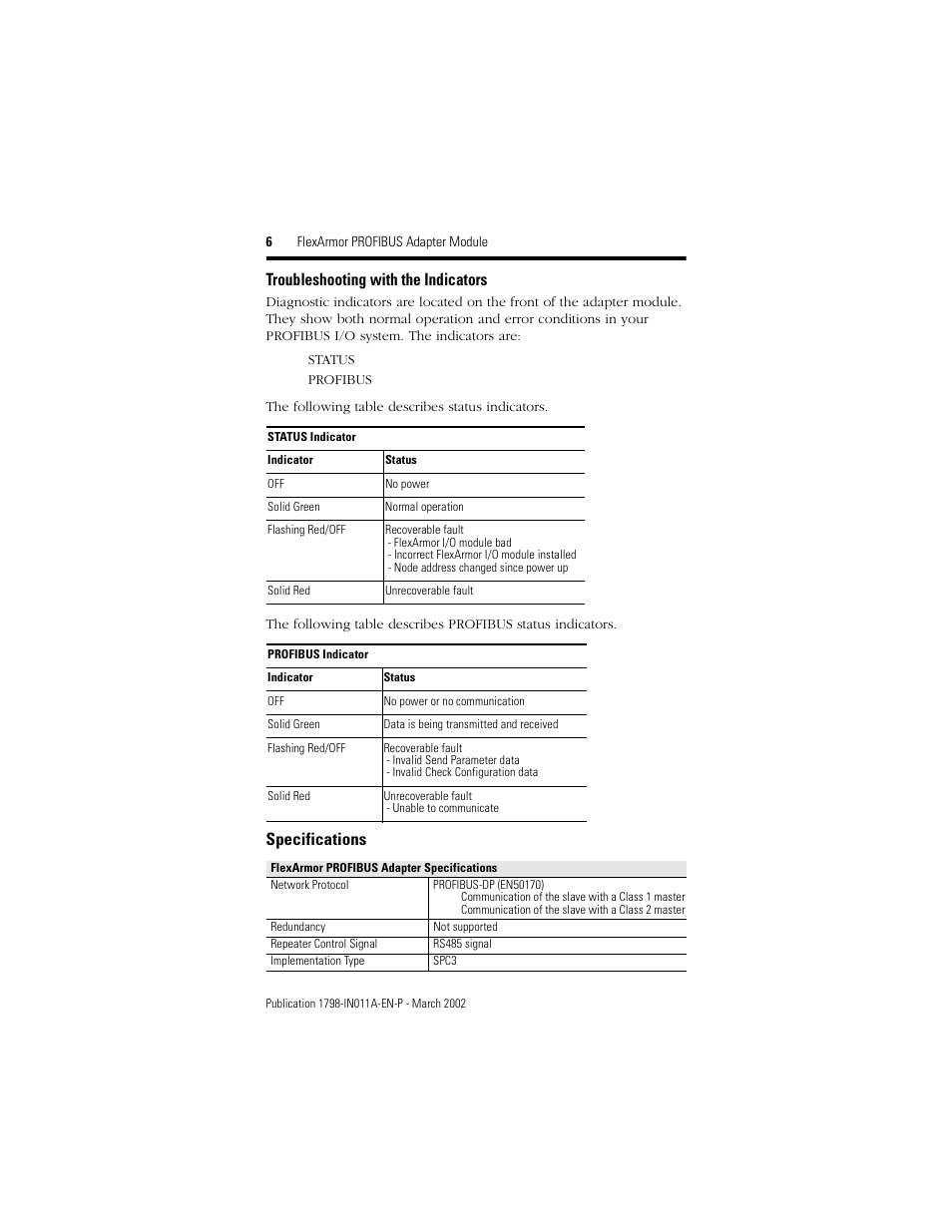 Troubleshooting with the indicators, Specifications | Rockwell Automation 1798-APB FlexArmor PROFIBUS Adapter Module User Manual | Page 6 / 8