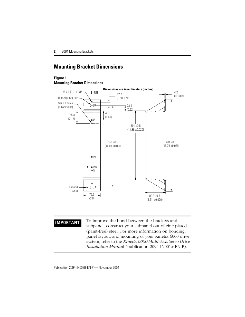 Mounting bracket dimensions | Rockwell Automation 2094 2094 Mounting Bracket Installation Instructions User Manual | Page 2 / 4
