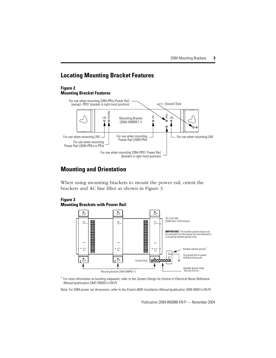 Locating mounting bracket features, Mounting and orientation, Figure 2 mounting bracket features | Figure 3 mounting brackets with power rail | Rockwell Automation 2094 2094 Mounting Bracket Installation Instructions User Manual | Page 3 / 4