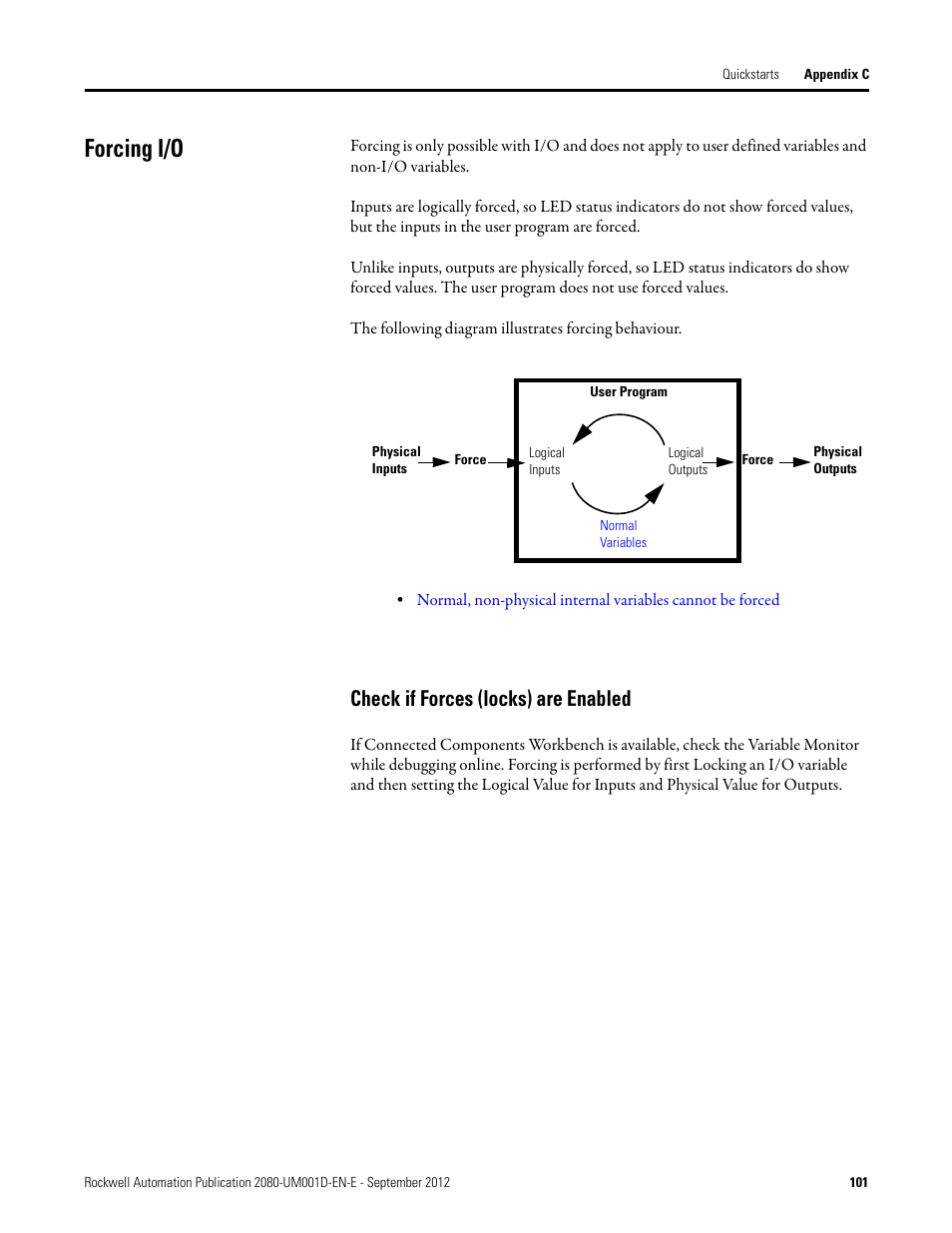 Forcing i/o, Check if forces (locks) are enabled | Rockwell Automation 2080-LC10-12DWD Micro810 Programmable Controllers User Manual User Manual | Page 109 / 120