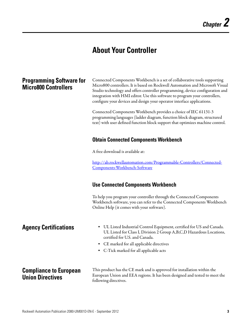 2 - about your controller, Programming software for micro800 controllers, Obtain connected components workbench | Use connected components workbench, Agency certifications, Compliance to european union directives, Chapter 2, About your controller | Rockwell Automation 2080-LC10-12DWD Micro810 Programmable Controllers User Manual User Manual | Page 11 / 120