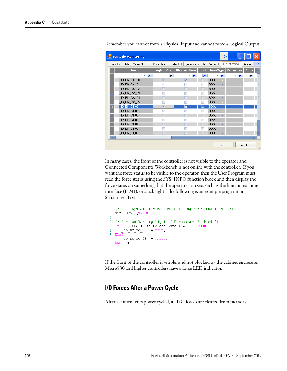 I/o forces after a power cycle | Rockwell Automation 2080-LC10-12DWD Micro810 Programmable Controllers User Manual User Manual | Page 110 / 120