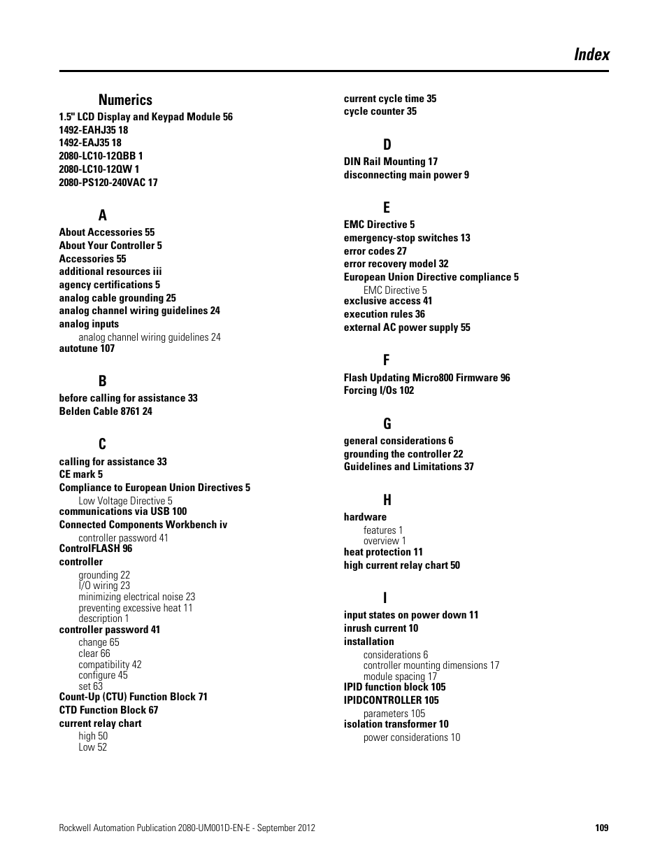 Index, Numerics | Rockwell Automation 2080-LC10-12DWD Micro810 Programmable Controllers User Manual User Manual | Page 117 / 120