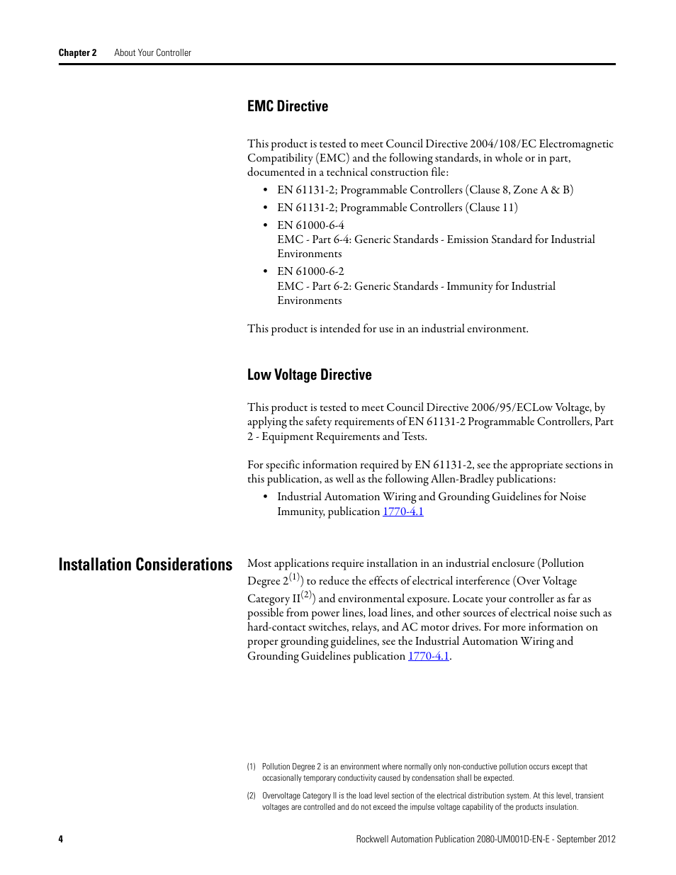 Emc directive, Low voltage directive, Installation considerations | Emc directive low voltage directive | Rockwell Automation 2080-LC10-12DWD Micro810 Programmable Controllers User Manual User Manual | Page 12 / 120