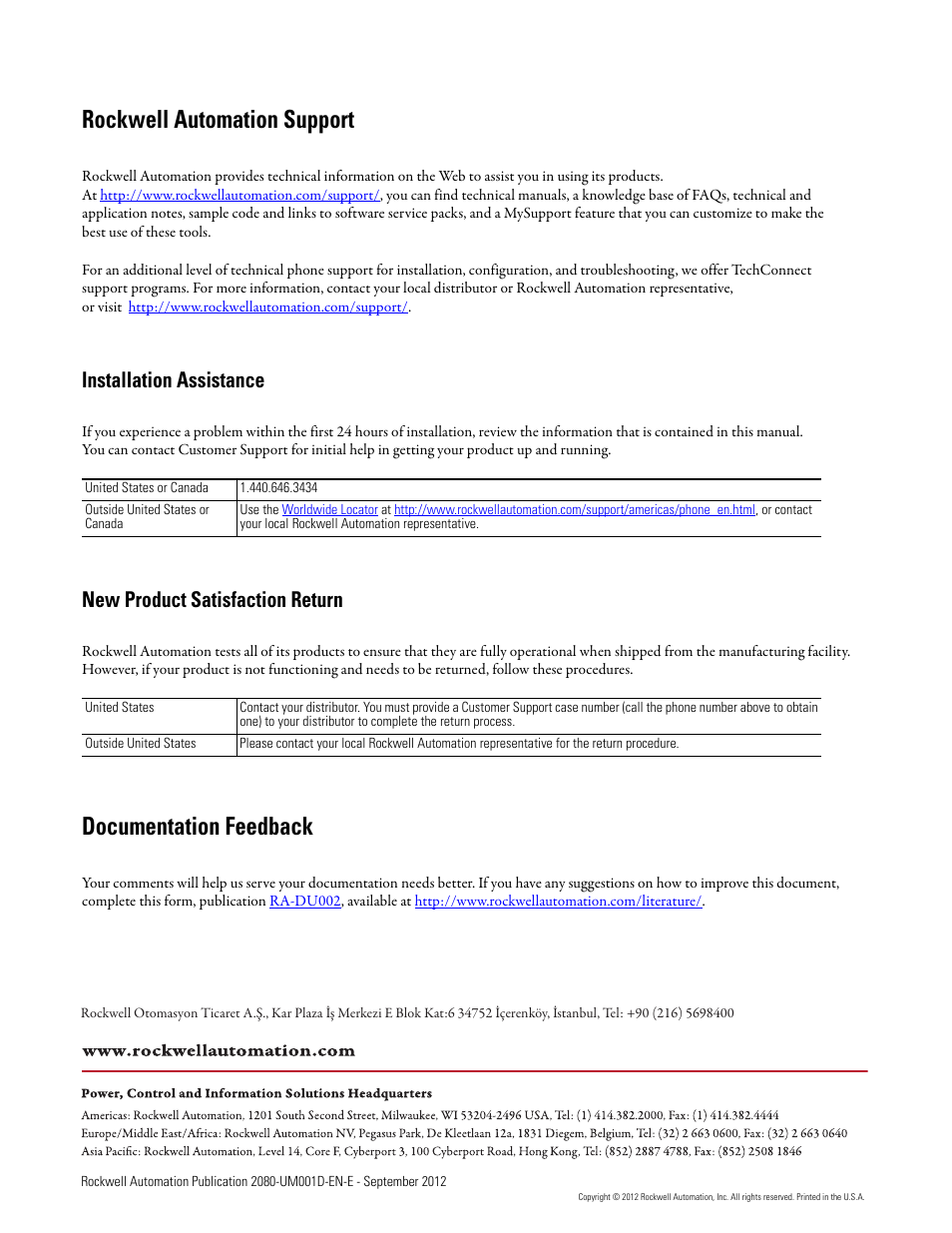 Back cover, Rockwell automation support, Documentation feedback | Installation assistance, New product satisfaction return | Rockwell Automation 2080-LC10-12DWD Micro810 Programmable Controllers User Manual User Manual | Page 120 / 120