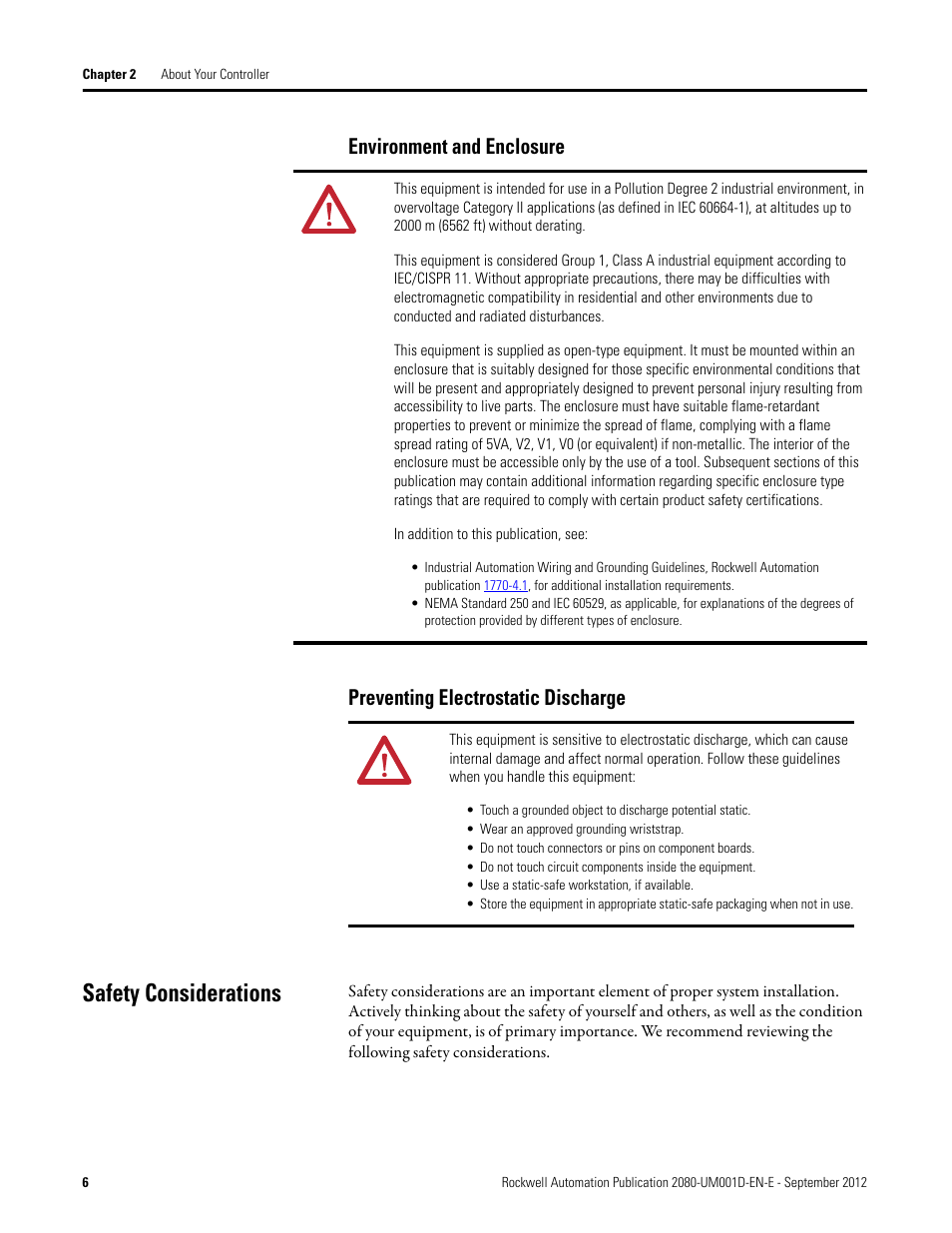 Environment and enclosure, Preventing electrostatic discharge, Safety considerations | Rockwell Automation 2080-LC10-12DWD Micro810 Programmable Controllers User Manual User Manual | Page 14 / 120