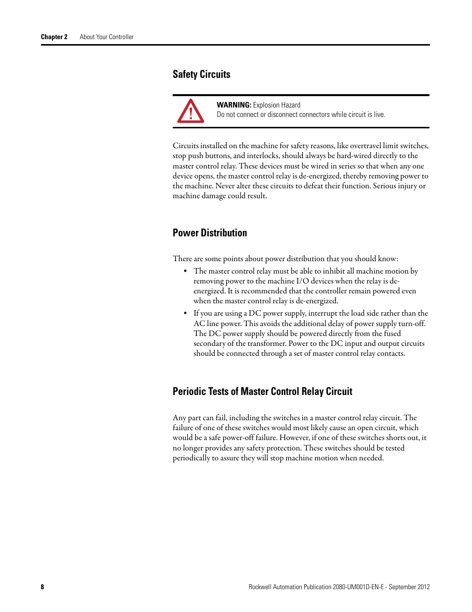 Safety circuits, Power distribution, Periodic tests of master control relay circuit | Rockwell Automation 2080-LC10-12DWD Micro810 Programmable Controllers User Manual User Manual | Page 16 / 120