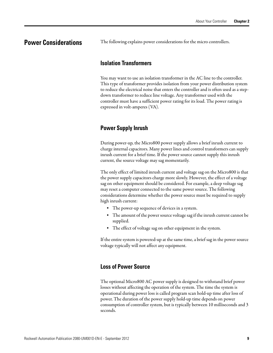 Power considerations, Isolation transformers, Power supply inrush | Loss of power source | Rockwell Automation 2080-LC10-12DWD Micro810 Programmable Controllers User Manual User Manual | Page 17 / 120