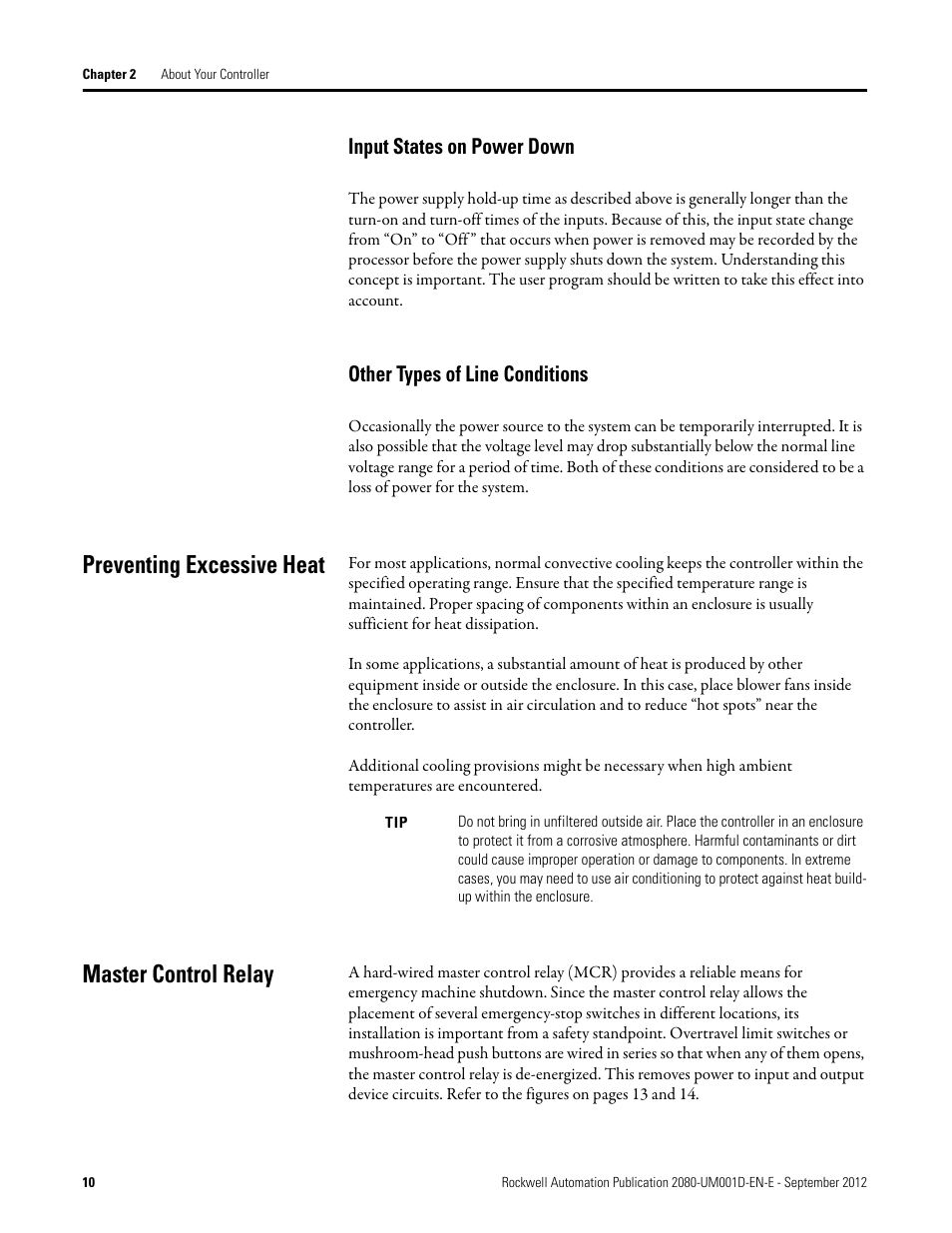 Input states on power down, Other types of line conditions, Preventing excessive heat | Master control relay, Preventing excessive heat master control relay | Rockwell Automation 2080-LC10-12DWD Micro810 Programmable Controllers User Manual User Manual | Page 18 / 120