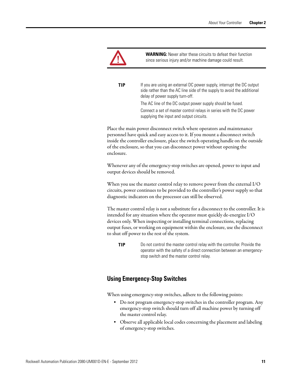 Using emergency-stop switches | Rockwell Automation 2080-LC10-12DWD Micro810 Programmable Controllers User Manual User Manual | Page 19 / 120