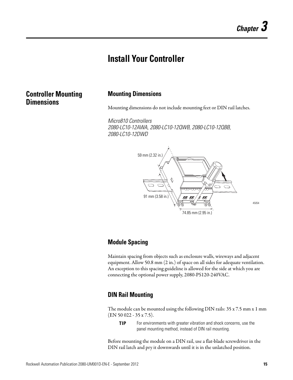 3 - install your controller, Controller mounting dimensions, Mounting dimensions | Module spacing, Din rail mounting, Chapter 3, Install your controller, Chapter | Rockwell Automation 2080-LC10-12DWD Micro810 Programmable Controllers User Manual User Manual | Page 23 / 120