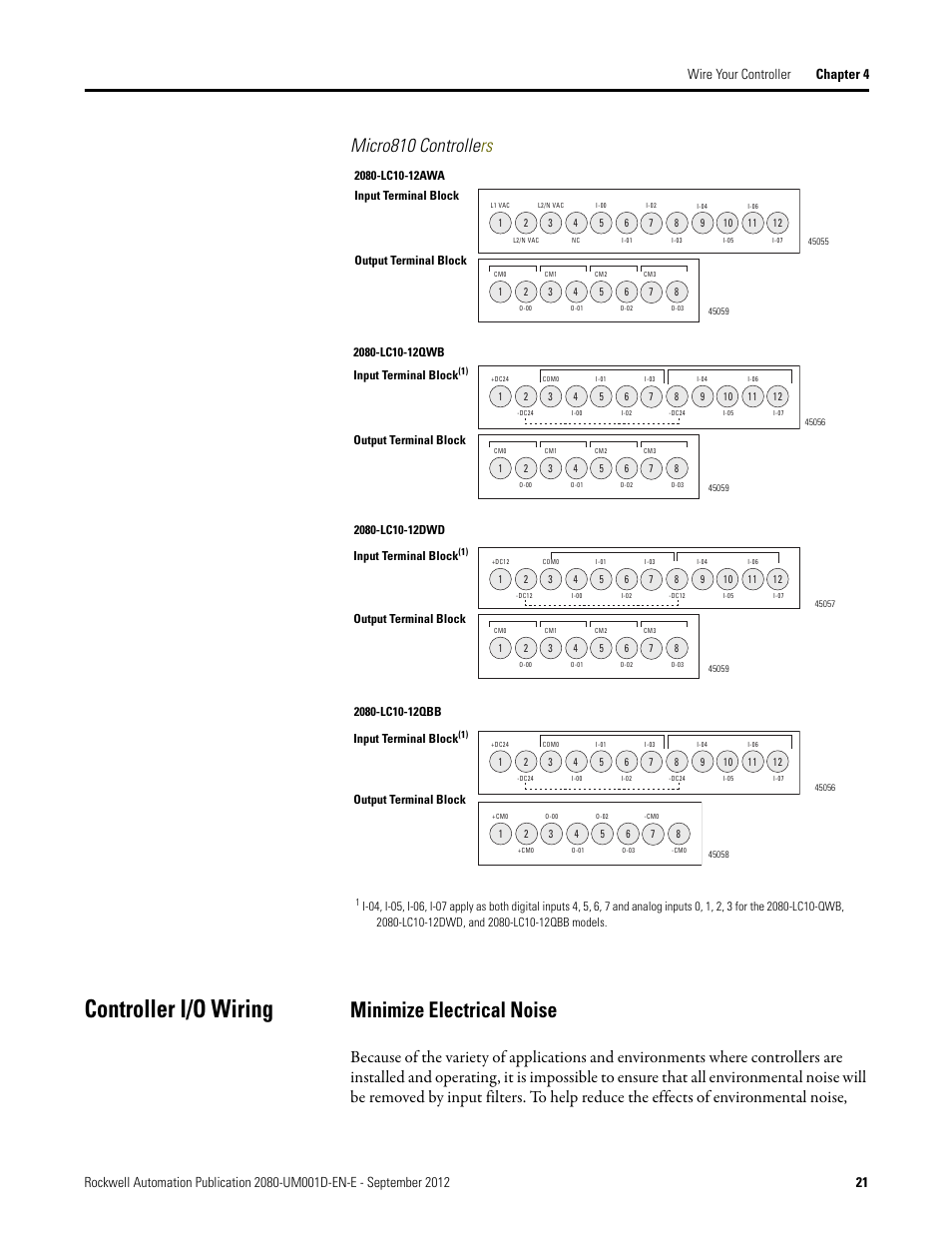 Micro810 controllers, Controller i/o wiring, Minimize electrical noise | Micro810 controlle rs | Rockwell Automation 2080-LC10-12DWD Micro810 Programmable Controllers User Manual User Manual | Page 29 / 120