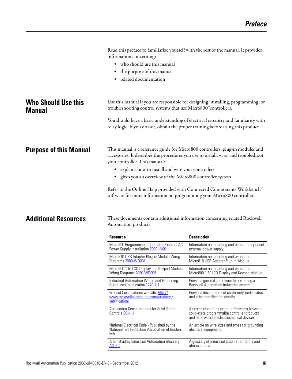 Preface, Who should use this manual, Purpose of this manual | Additional resources | Rockwell Automation 2080-LC10-12DWD Micro810 Programmable Controllers User Manual User Manual | Page 3 / 120