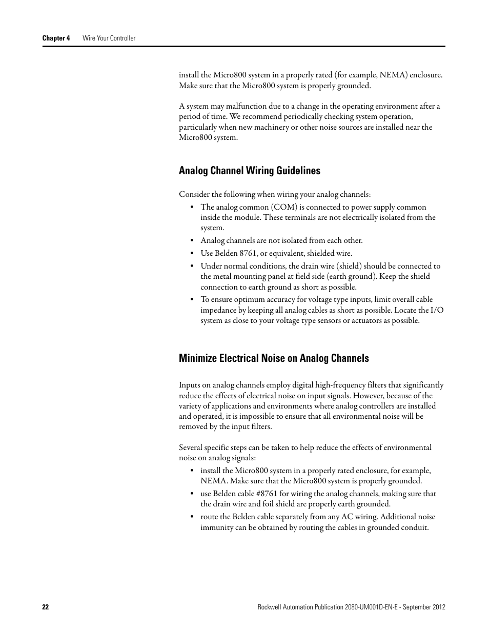 Analog channel wiring guidelines, Minimize electrical noise on analog channels | Rockwell Automation 2080-LC10-12DWD Micro810 Programmable Controllers User Manual User Manual | Page 30 / 120