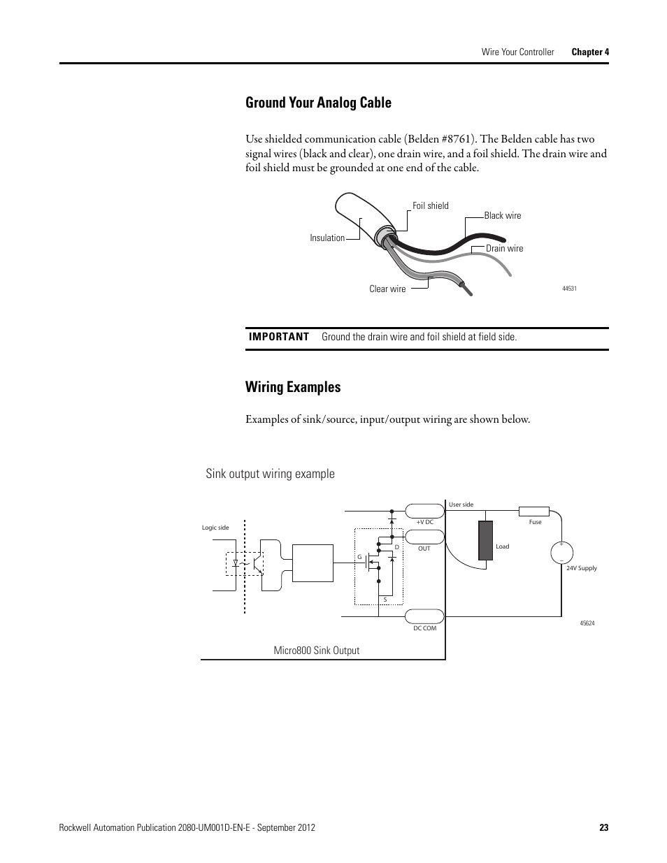 Ground your analog cable, Wiring examples, Ground your analog cable wiring examples | Sink output wiring example | Rockwell Automation 2080-LC10-12DWD Micro810 Programmable Controllers User Manual User Manual | Page 31 / 120