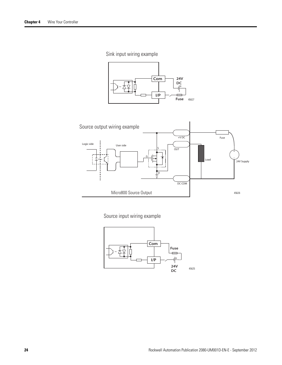 Sink input wiring example, Source output wiring example, Source input wiring example | Rockwell Automation 2080-LC10-12DWD Micro810 Programmable Controllers User Manual User Manual | Page 32 / 120