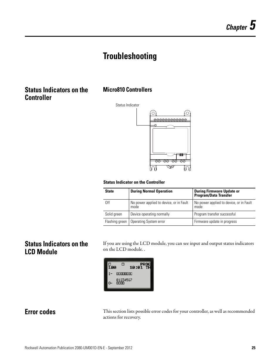 5 - troubleshooting, Status indicators on the controller, Micro810 controllers | Status indicators on the lcd module, Error codes, Chapter 5, Troubleshooting, Status indicators on the lcd module error codes, Chapter | Rockwell Automation 2080-LC10-12DWD Micro810 Programmable Controllers User Manual User Manual | Page 33 / 120