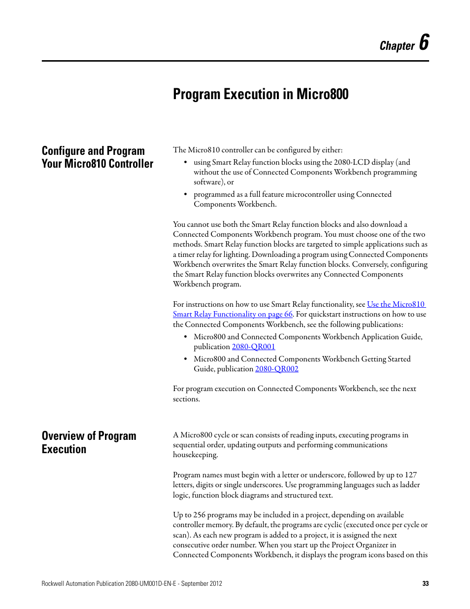6 - program execution in micro800, Configure and program your micro810 controller, Overview of program execution | Chapter 6, Program execution in micro800, Chapter | Rockwell Automation 2080-LC10-12DWD Micro810 Programmable Controllers User Manual User Manual | Page 41 / 120