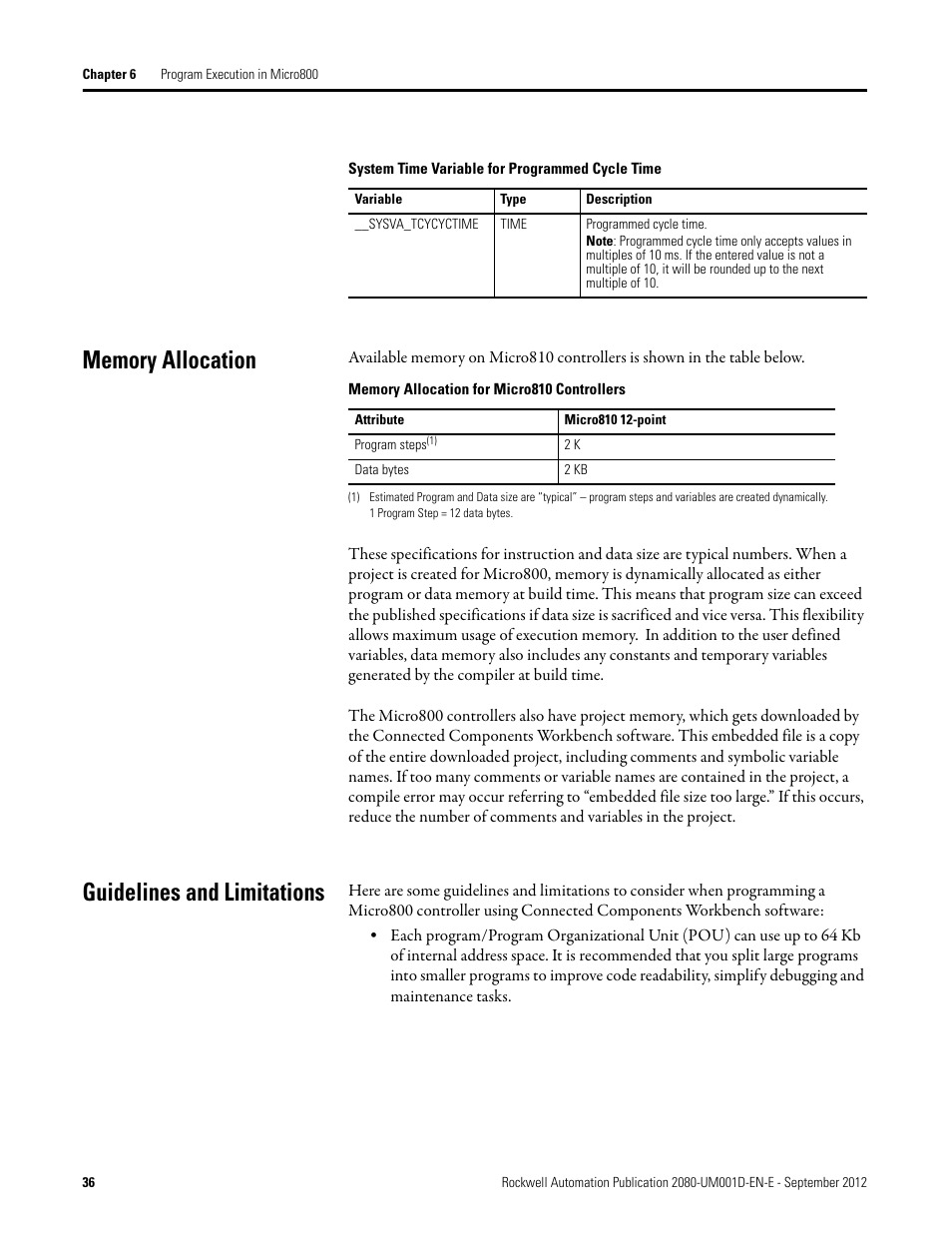 Memory allocation, Guidelines and limitations, Memory allocation guidelines and limitations | Rockwell Automation 2080-LC10-12DWD Micro810 Programmable Controllers User Manual User Manual | Page 44 / 120