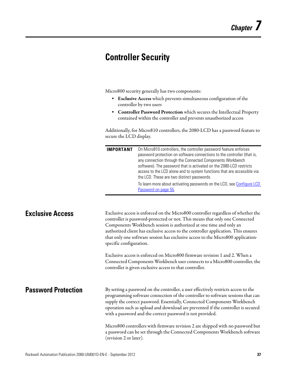 7 - controller security, Exclusive access, Password protection | Chapter 7, Controller security, Exclusive access password protection, Chapter | Rockwell Automation 2080-LC10-12DWD Micro810 Programmable Controllers User Manual User Manual | Page 47 / 120