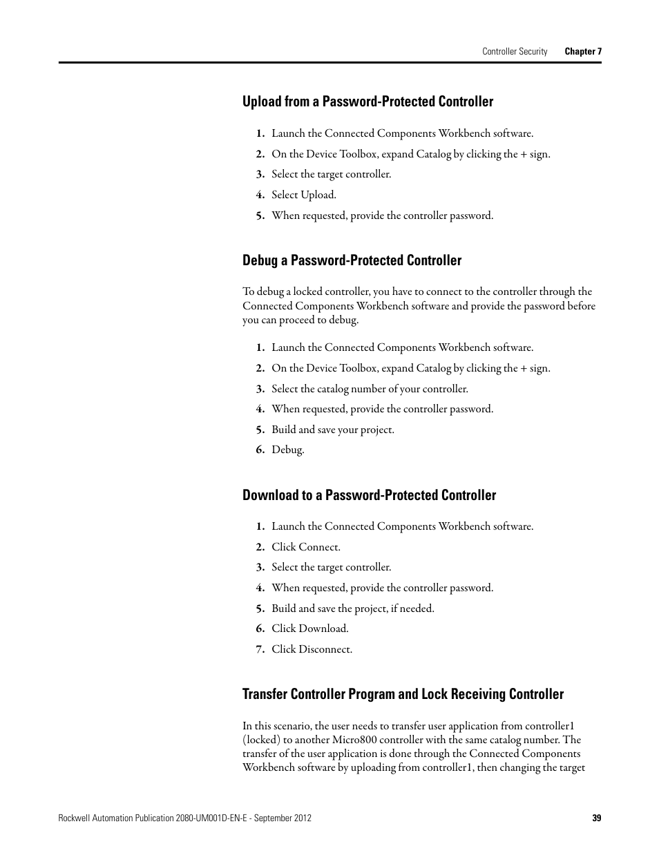 Upload from a password-protected controller, Debug a password-protected controller, Download to a password-protected controller | Rockwell Automation 2080-LC10-12DWD Micro810 Programmable Controllers User Manual User Manual | Page 49 / 120