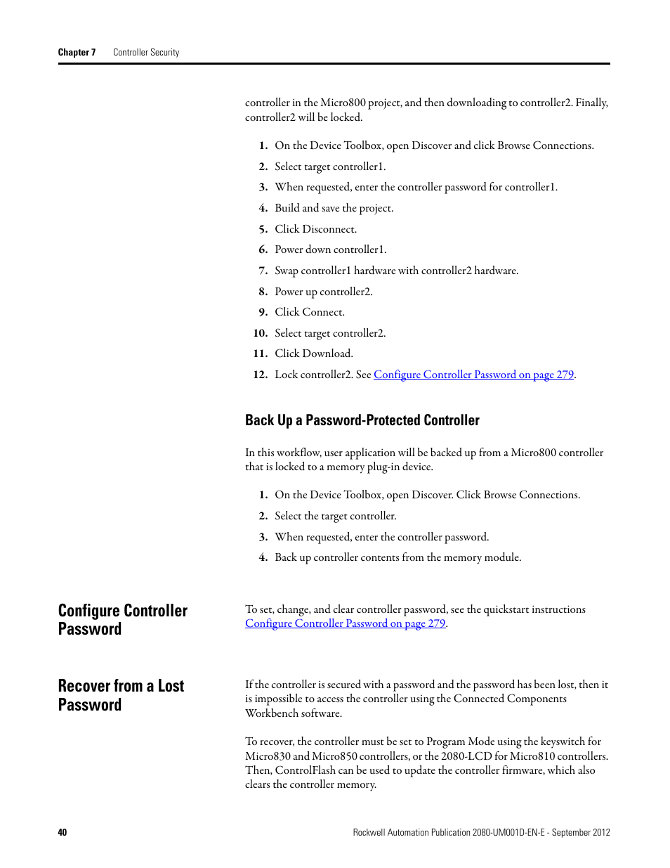 Back up a password-protected controller, Configure controller password, Recover from a lost password | Rockwell Automation 2080-LC10-12DWD Micro810 Programmable Controllers User Manual User Manual | Page 50 / 120