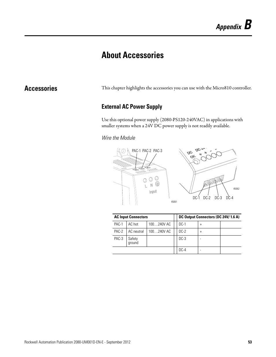 B - about accessories, Accessories, External ac power supply | Wire the module, Appendix b, About accessories, Appendix | Rockwell Automation 2080-LC10-12DWD Micro810 Programmable Controllers User Manual User Manual | Page 61 / 120