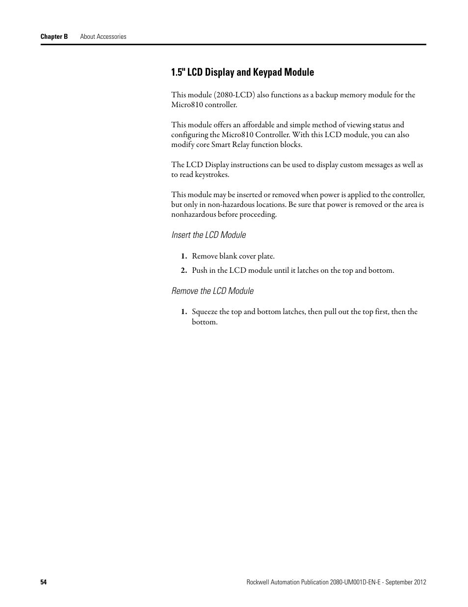 5" lcd display and keypad module, Insert the lcd module, Remove the lcd module | Rockwell Automation 2080-LC10-12DWD Micro810 Programmable Controllers User Manual User Manual | Page 62 / 120