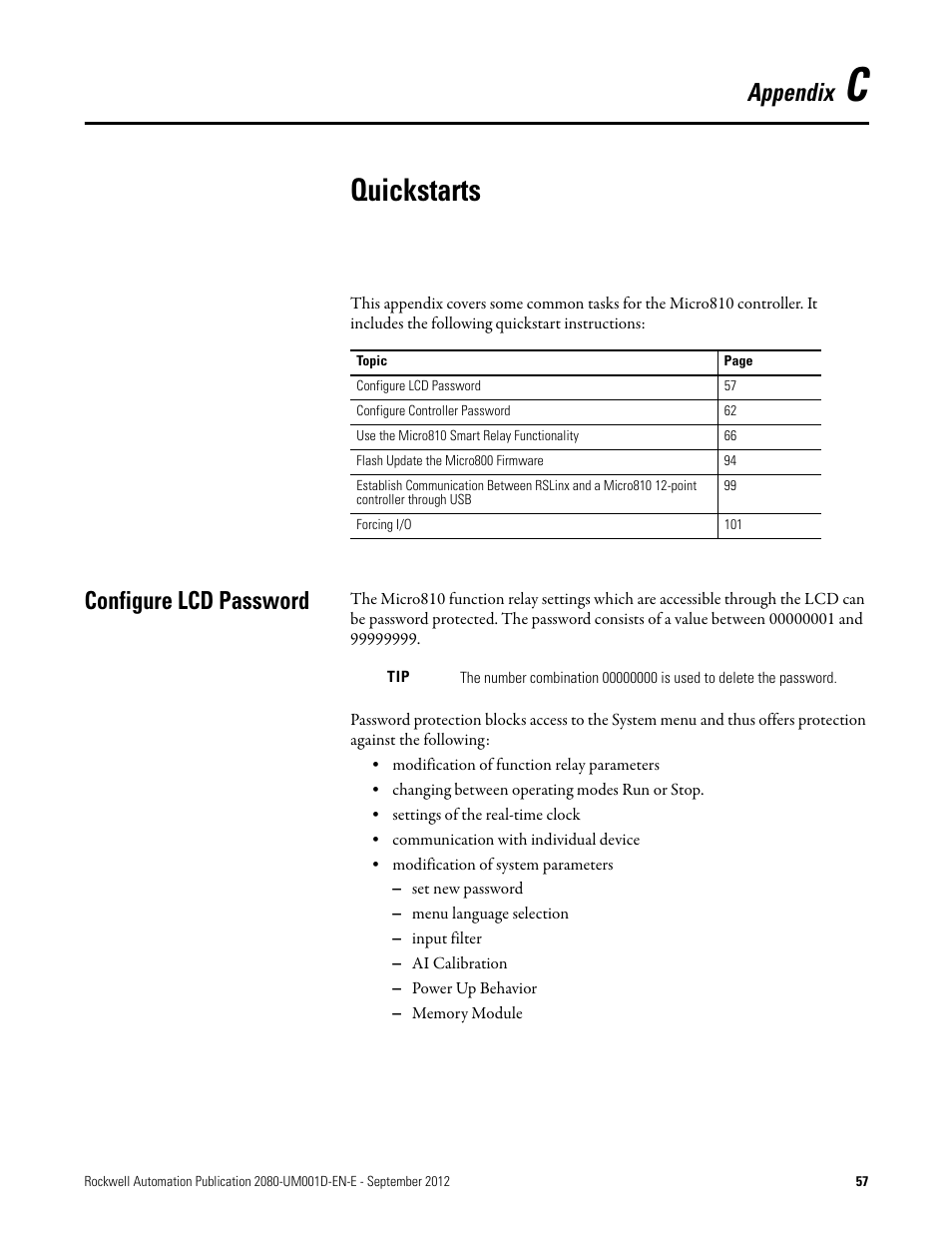 C - quickstarts, Configure lcd password, Appendix c | Quickstarts, Appendix | Rockwell Automation 2080-LC10-12DWD Micro810 Programmable Controllers User Manual User Manual | Page 65 / 120