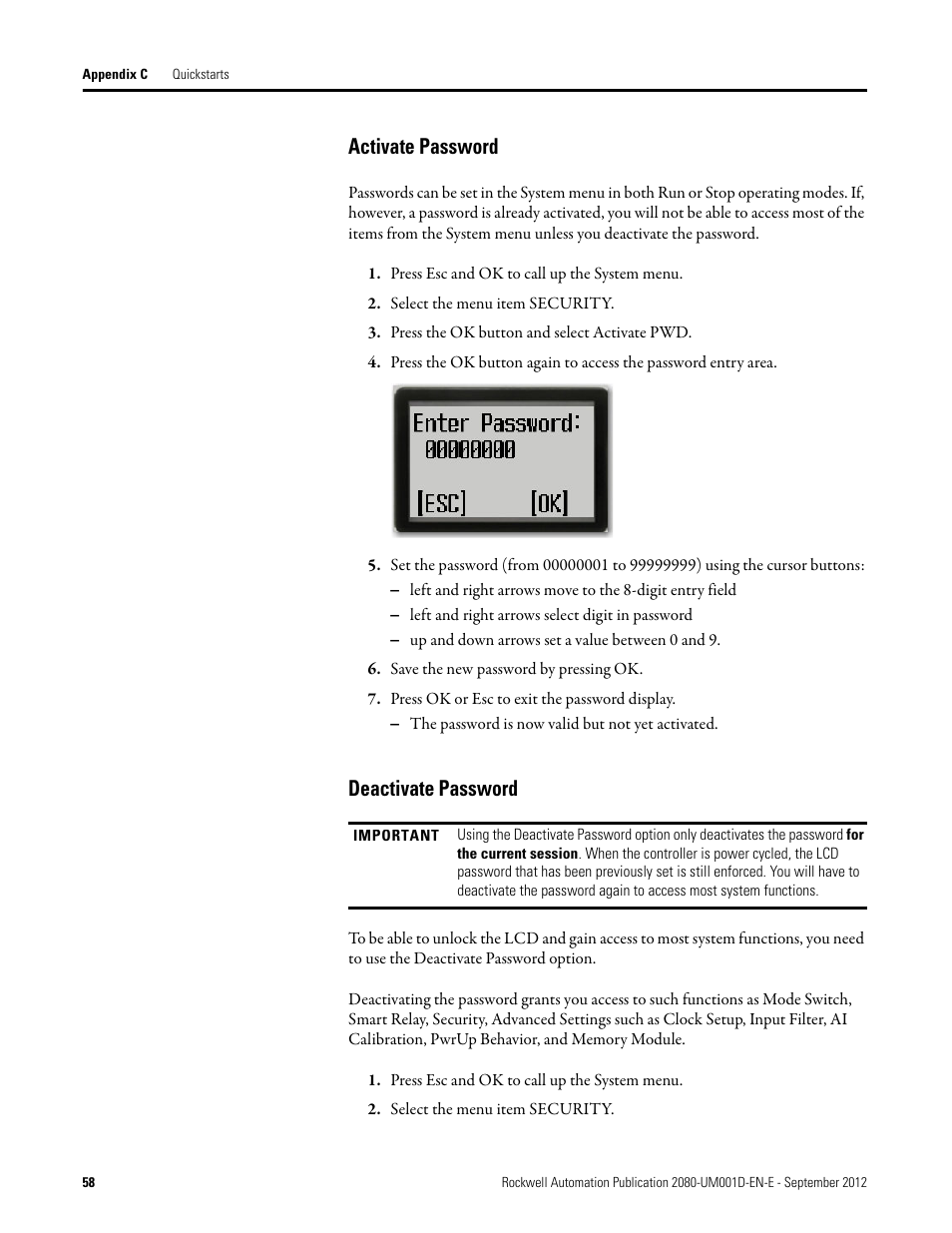 Activate password, Deactivate password, Activate password deactivate password | Rockwell Automation 2080-LC10-12DWD Micro810 Programmable Controllers User Manual User Manual | Page 66 / 120