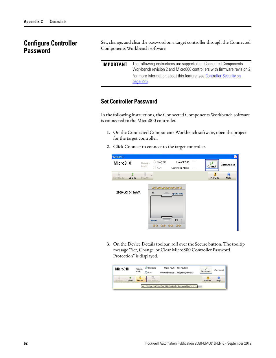 Configure controller password, Set controller password | Rockwell Automation 2080-LC10-12DWD Micro810 Programmable Controllers User Manual User Manual | Page 70 / 120