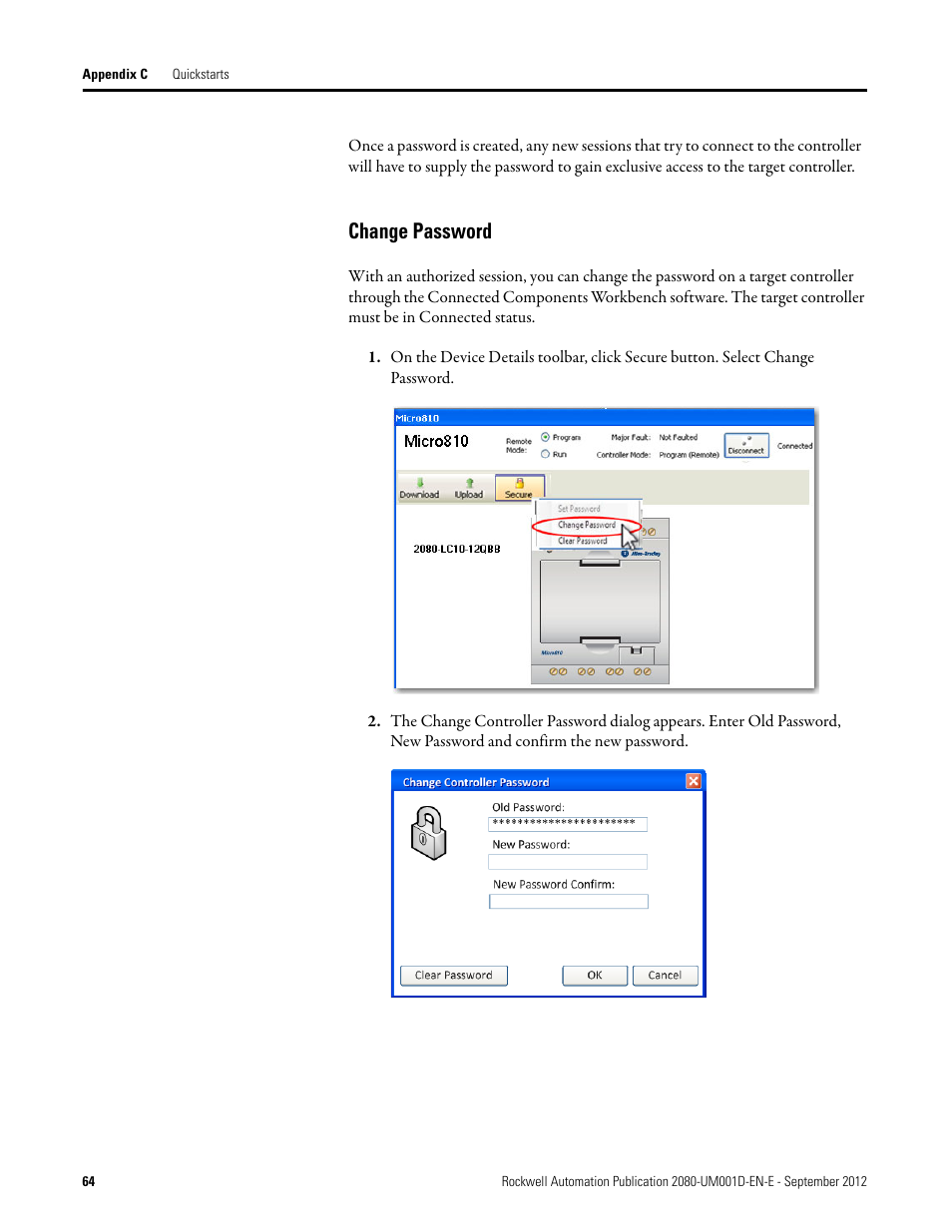 Change password | Rockwell Automation 2080-LC10-12DWD Micro810 Programmable Controllers User Manual User Manual | Page 72 / 120