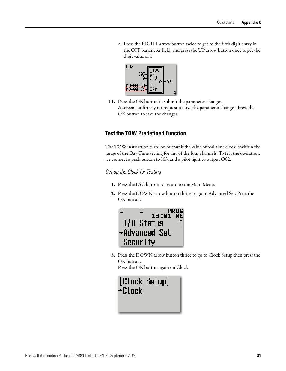 Test the tow predefined function, Set up the clock for testing | Rockwell Automation 2080-LC10-12DWD Micro810 Programmable Controllers User Manual User Manual | Page 89 / 120