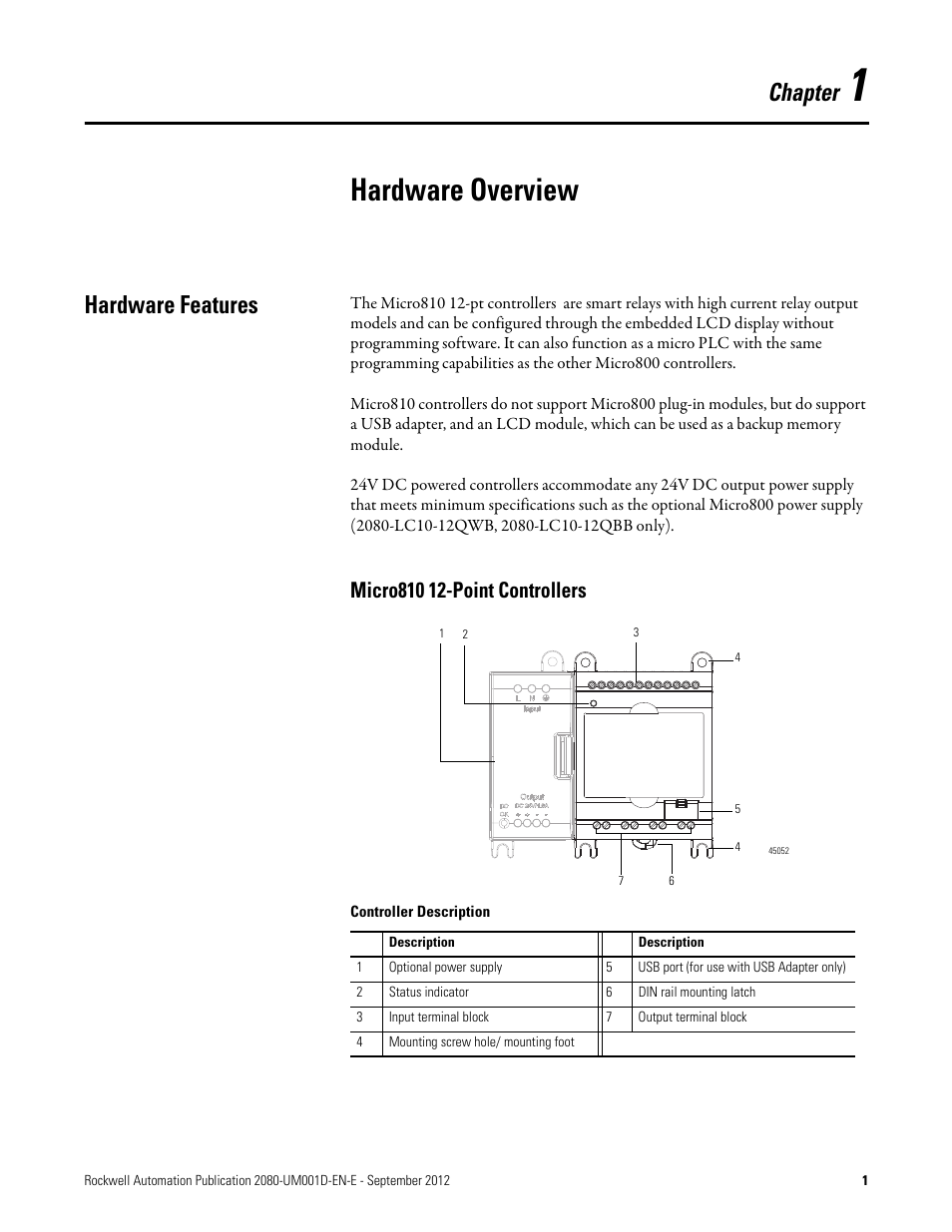 1 - hardware overview, Hardware features, Micro810 12-point controllers | Chapter 1, Hardware overview, Chapter | Rockwell Automation 2080-LC10-12DWD Micro810 Programmable Controllers User Manual User Manual | Page 9 / 120