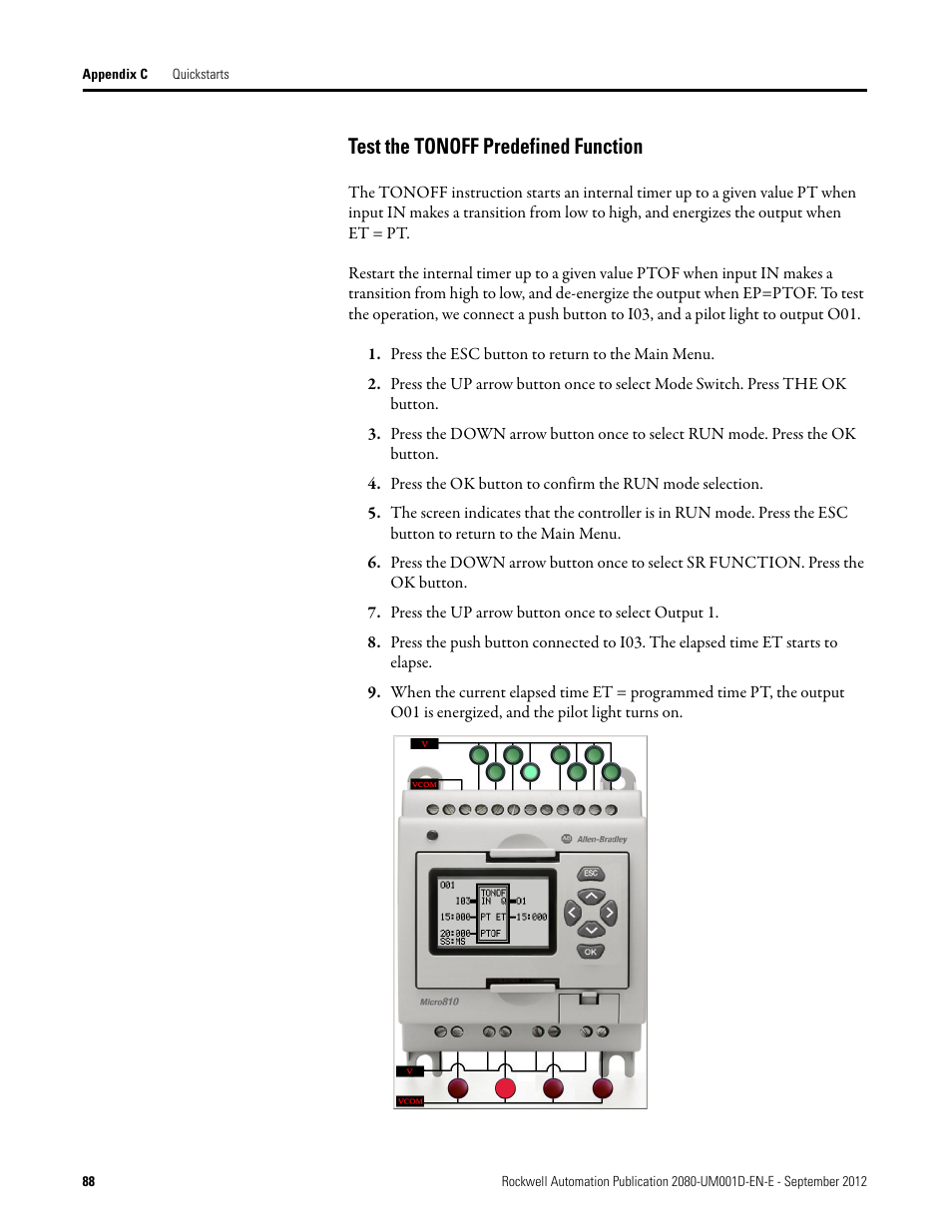 Test the tonoff predefined function | Rockwell Automation 2080-LC10-12DWD Micro810 Programmable Controllers User Manual User Manual | Page 96 / 120