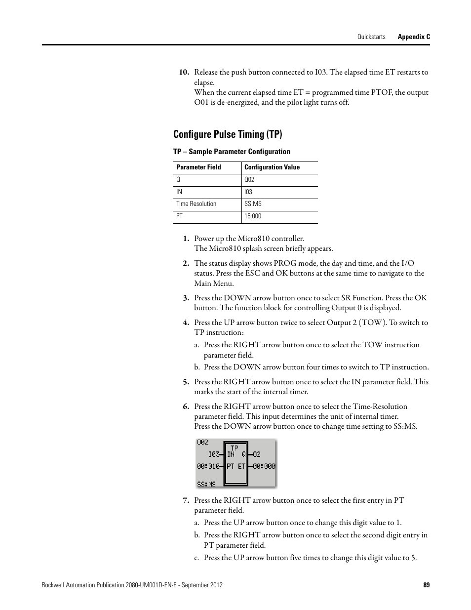 Configure pulse timing (tp) | Rockwell Automation 2080-LC10-12DWD Micro810 Programmable Controllers User Manual User Manual | Page 97 / 120