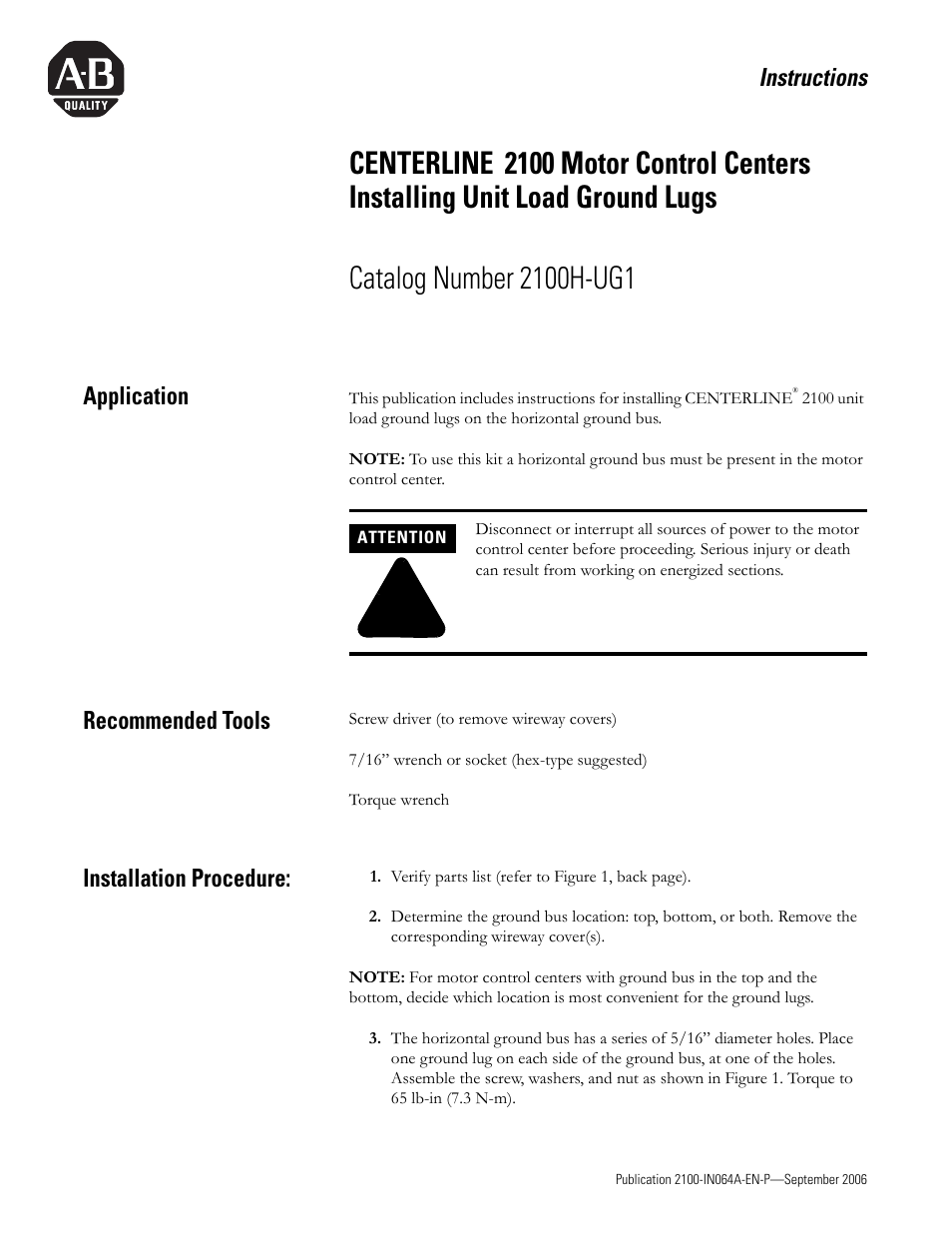 Rockwell Automation 2100 CENTERLINE MCC Installing Unit Load Ground Lugs User Manual | 2 pages