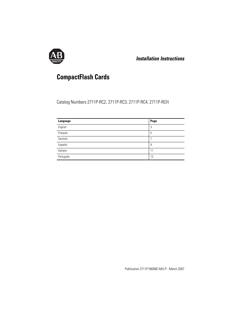 Rockwell Automation 2711P-RCH Compact Flash Cards User Manual | 16 pages