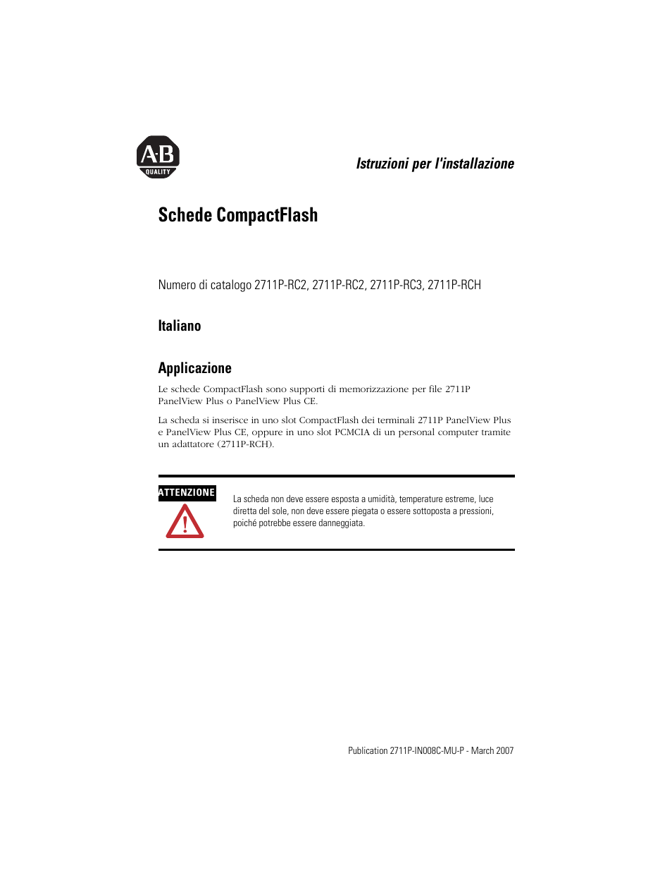 Italiano, Applicazione, Schede compactflash | Rockwell Automation 2711P-RCH Compact Flash Cards User Manual | Page 11 / 16
