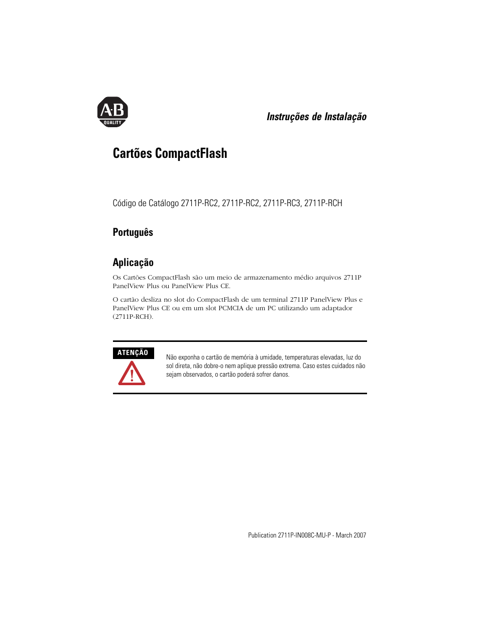 Português, Aplicação, Cartões compactflash | Rockwell Automation 2711P-RCH Compact Flash Cards User Manual | Page 13 / 16