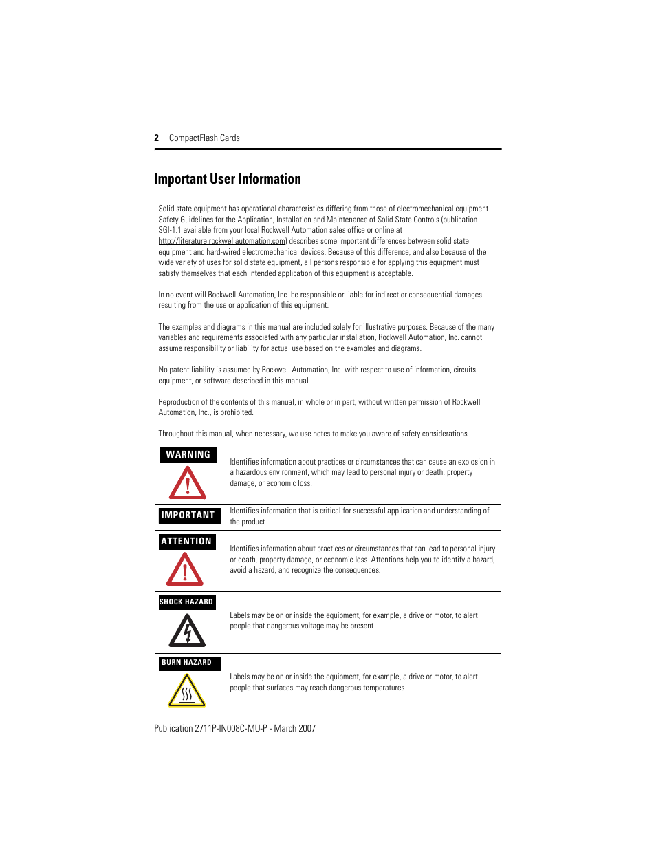 Important user information | Rockwell Automation 2711P-RCH Compact Flash Cards User Manual | Page 2 / 16