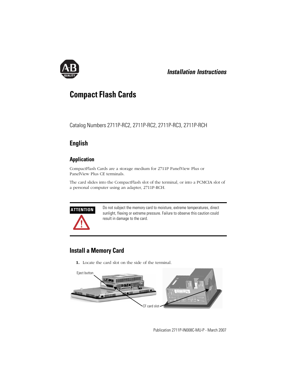 English, Install a memory card, Compact flash cards | Installation instructions | Rockwell Automation 2711P-RCH Compact Flash Cards User Manual | Page 3 / 16